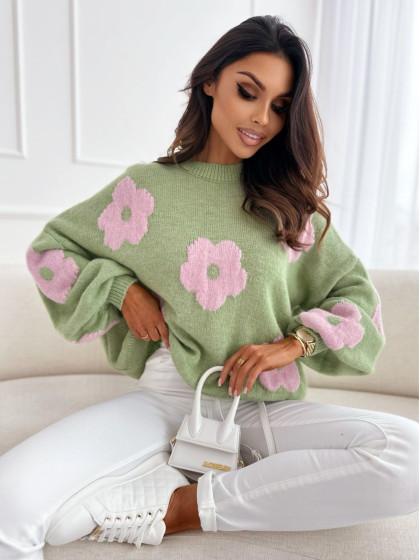 Sweter MORGAN green/pink pansy