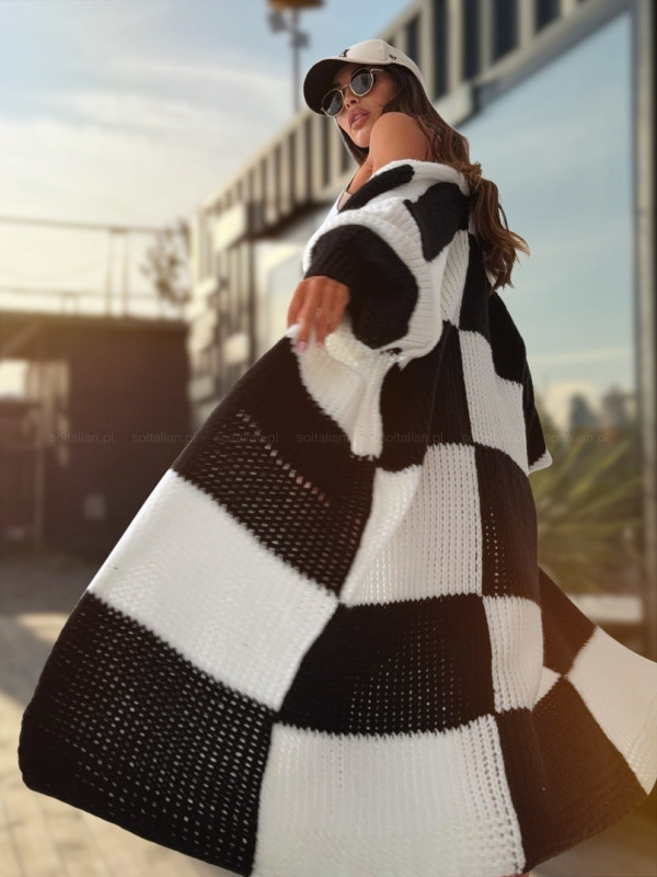 Długi wełniany kardigan MAISON white/black