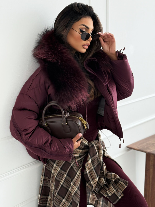 Kurtka puchowa MOUNT FORBES BURGUND z naturalnym futrem
